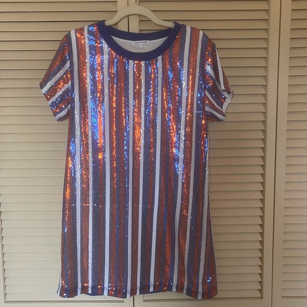 Sequin Striped Dress in Red, Blue, and White